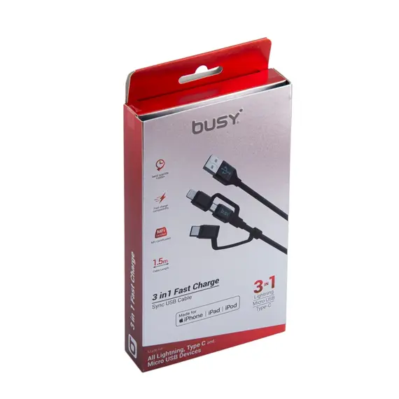 Kabëll Telefoni Busy Mfi Certif. 3In1 Cable 1.5M Braided
