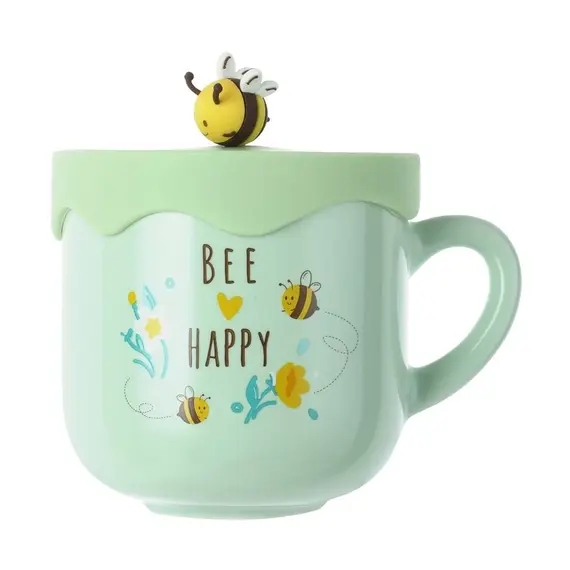 Tas qeramike me kapak Bee Series 400mL(Green), Ngjyra: Gjelbërt
