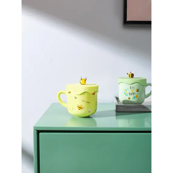 Tas qeramike me kapak Bee Series 400mL(Green), Ngjyra: Gjelbërt, 2 image