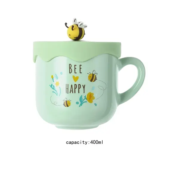 Tas qeramike me kapak Bee Series 400mL(Green), Ngjyra: Gjelbërt, 6 image